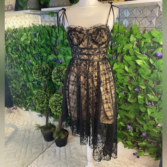 Steve Madden Black Lace Hi-Low Midi Dress with Nude Lining XS NWT Retail $129 - Picture 4 of 16